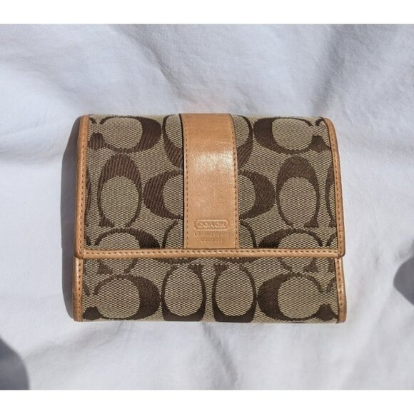 Vintage Coach Signature Stripe Canvas Leather Trifold Wallet Khaki Brown - Picture 1 of 12
